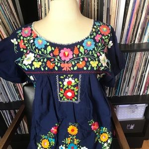 Large vintage Mexican floral embroidery dress